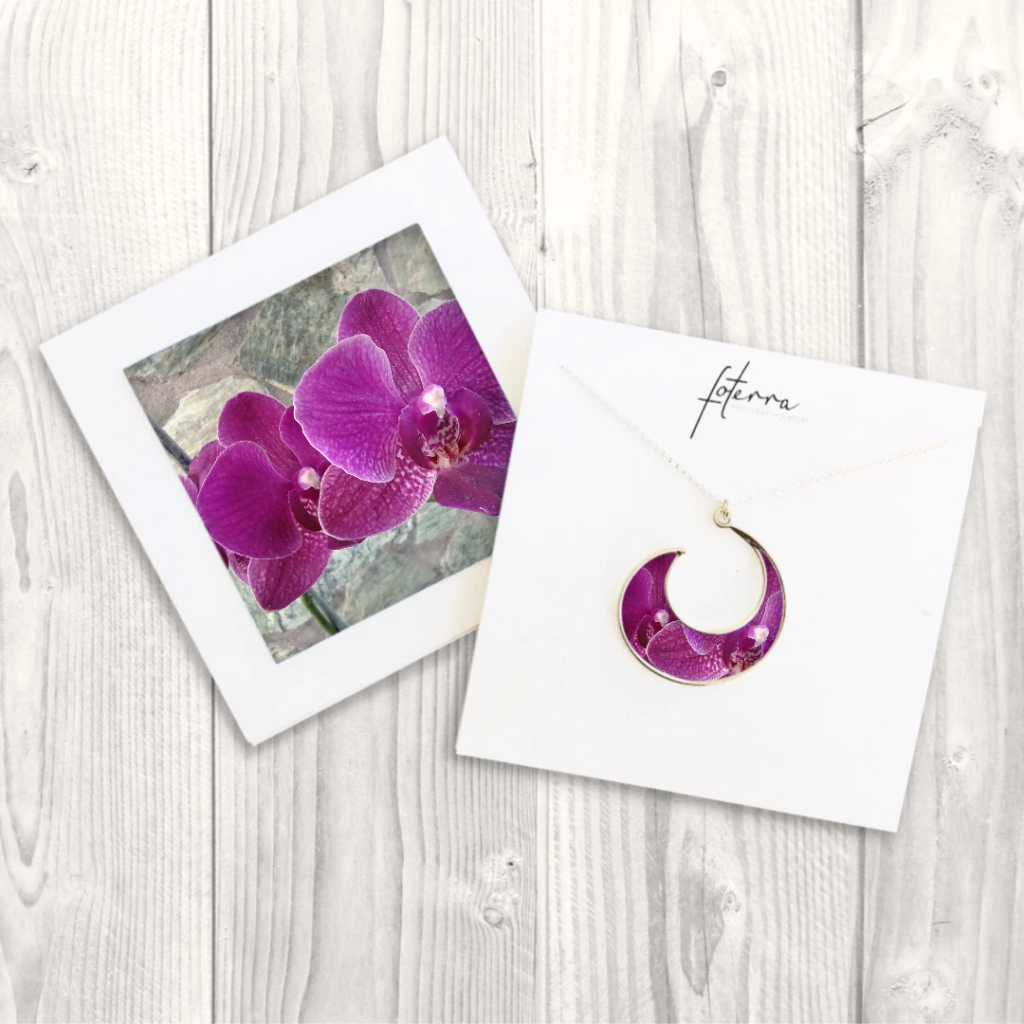 Purple orchid wave necklace - photo jewelry as a unique Mother's day gift idea