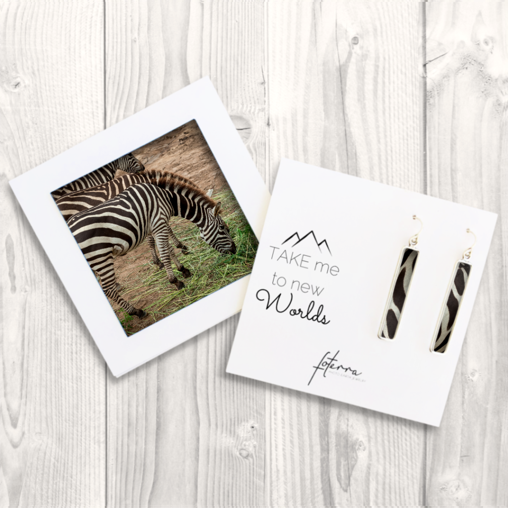 Zebra print short bar photo earrings - photo jewelry as a unique mother's day gift idea