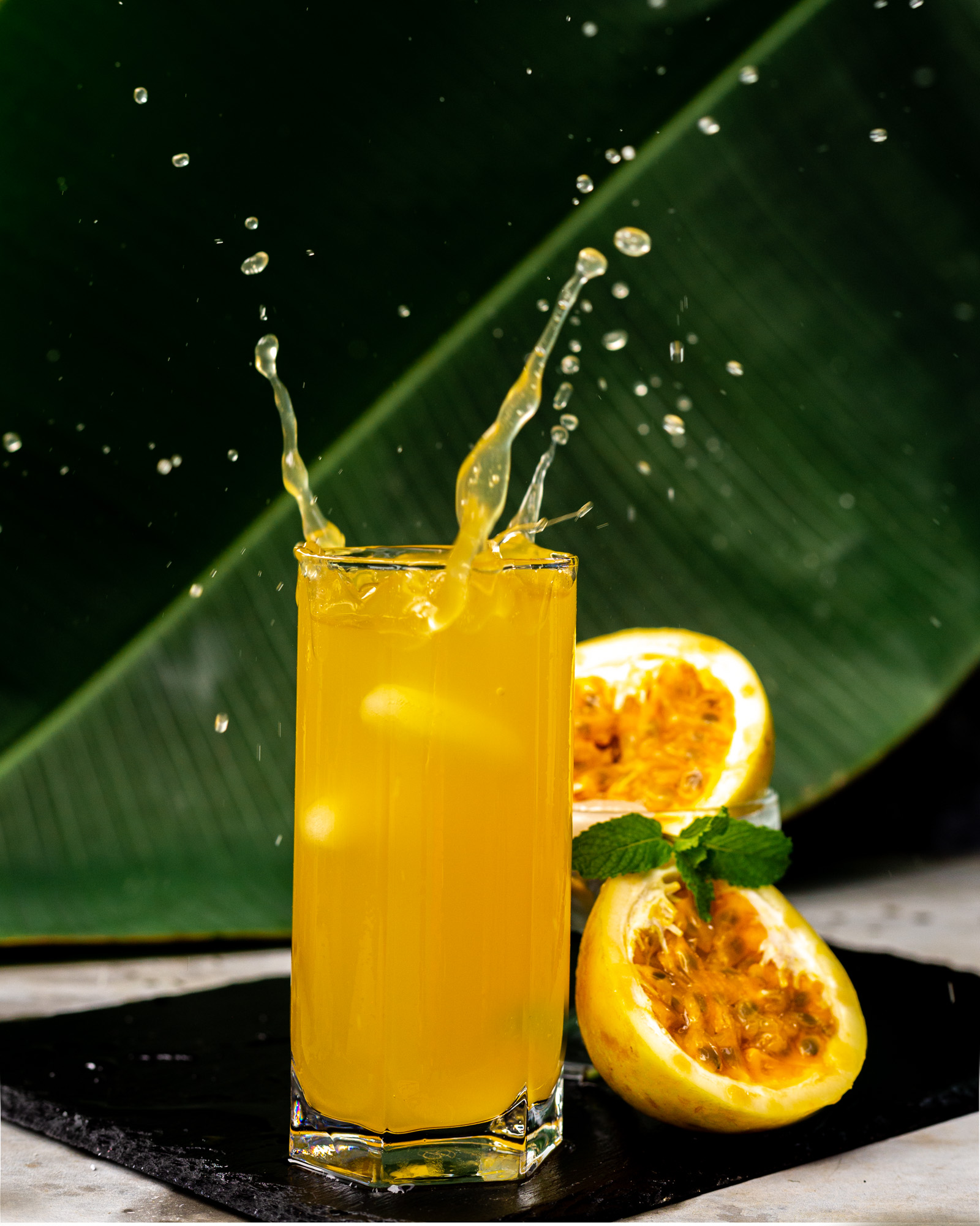 passionfruit juice splash food photography costa rica