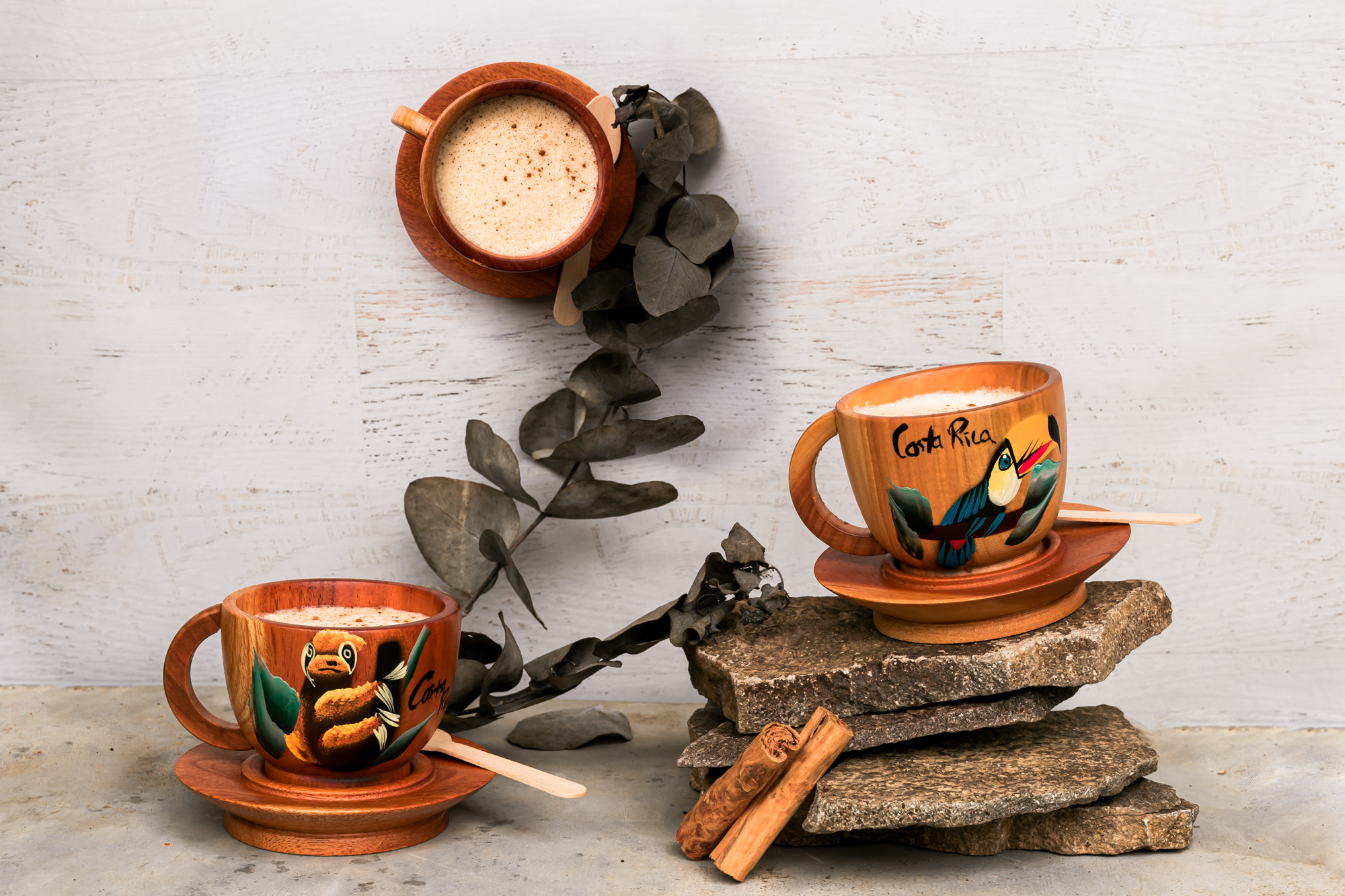 Off the wall picture with wooden painted cups of eggnog